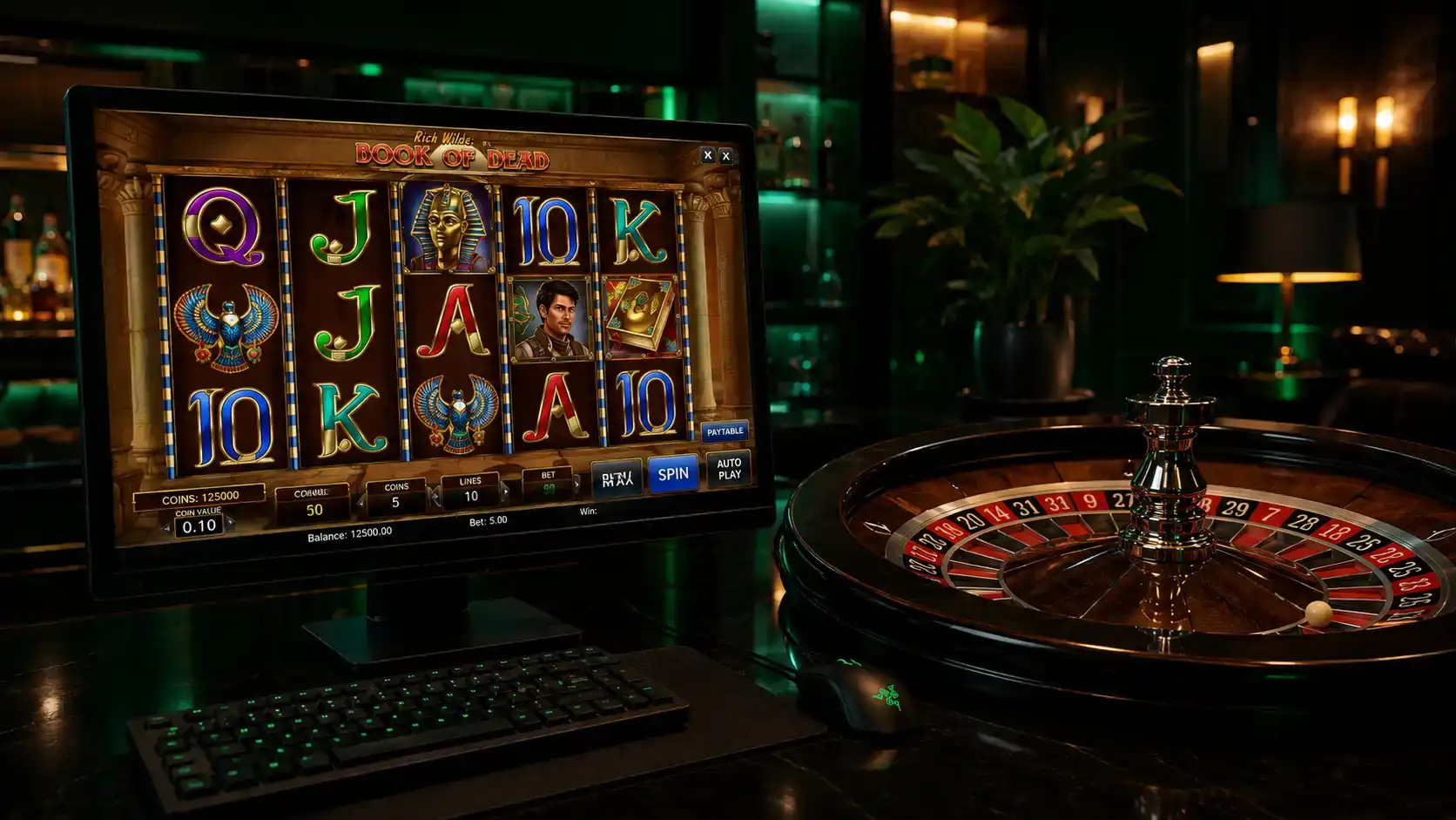 Online casino gaming floor with slot machine reels and a roulette wheel, illustrating the kind of games Betti Casino offers offshore